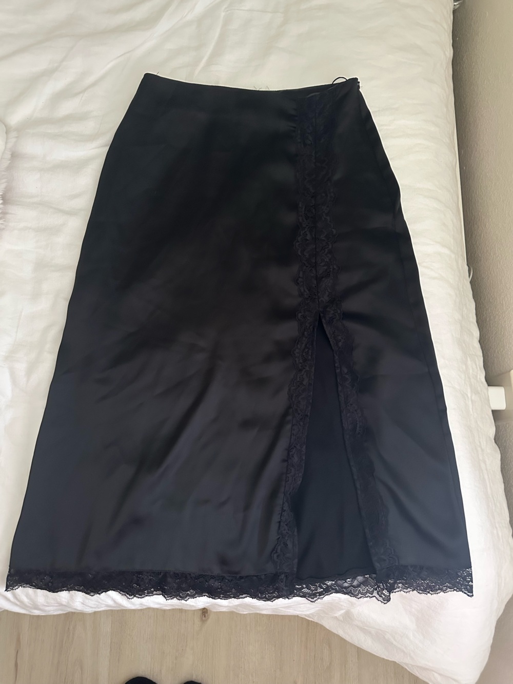 Black Satin Slip with Lace Trim